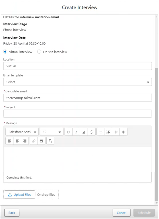 Screenshot of second create interview dialog ready to complete further details for communication to the candidate